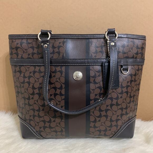 COACH Brown/Black CHELSEA Heritage Stripe Bias Signature N/S PVC Tote F15137 - Picture 2 of 16
